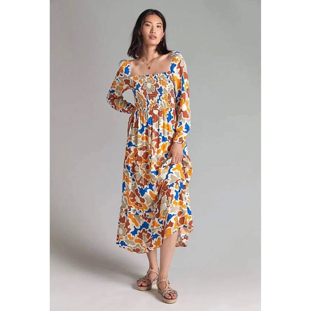 Anthropologie X Dolan Left Coast Collection Floral Smocked Tiered Midi Dress XXS